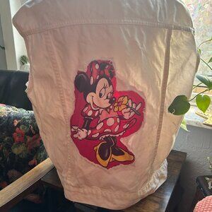 Women's Minnie Mouse Patch White Denim Sleeveless Jacket- Vest Large 80s